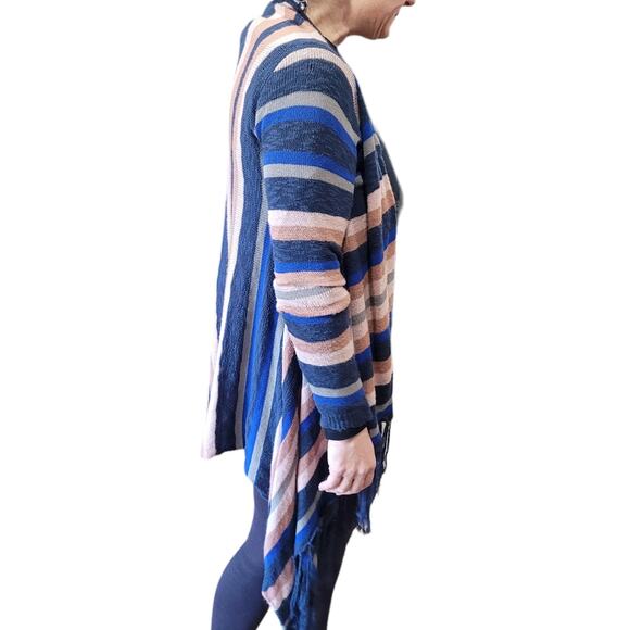 Say What Striped Fringe Boho Knit Cardigan Large Indie Duster Cozy Layer Shabby - Picture 7 of 9
